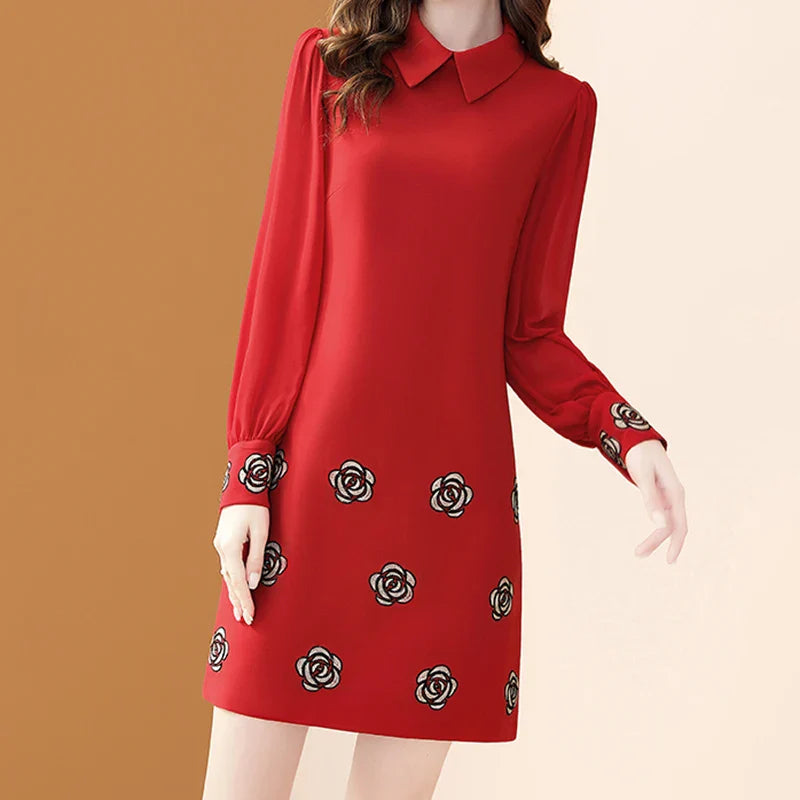 Floral Embroidery Chiffon Dress With Polo Collar For Office