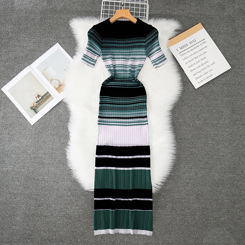 Wrap Bodycon Dress Women Knitted Striped Long Summer Dress