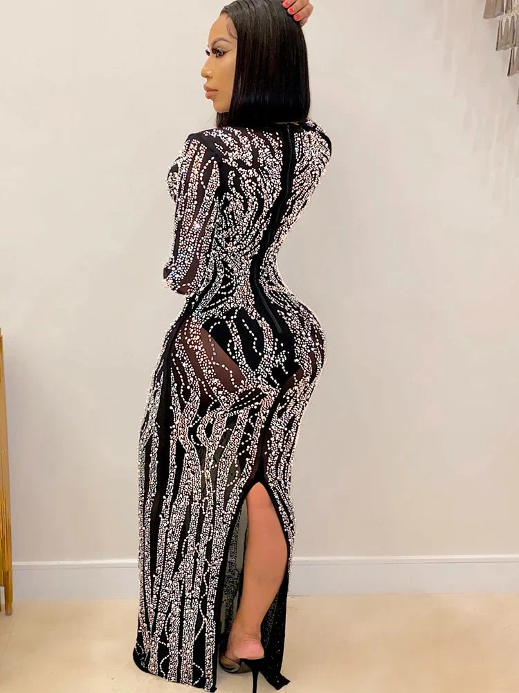 Crystal Rhinestone Gown Maxi Dress With Deep V Neckline