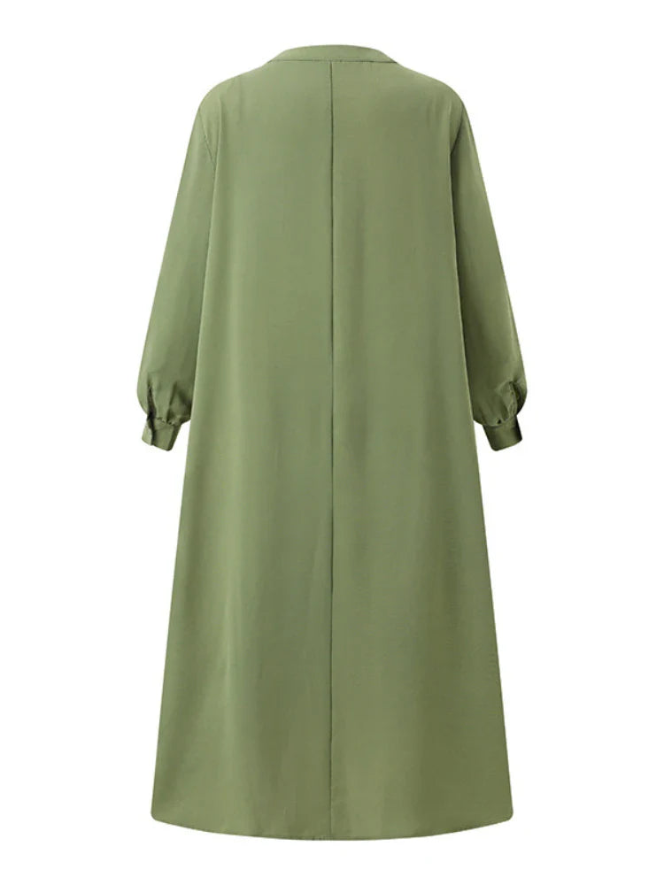 Womens Long Sleeve Swing Dress Cotton Hemp Casual Elegant