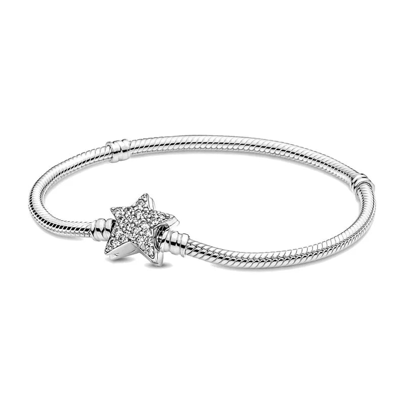 925 Sterling Silver Heart Star Clasp Clip Snake Chain Bracelet 16-21cm Charm Jewelry Accessories