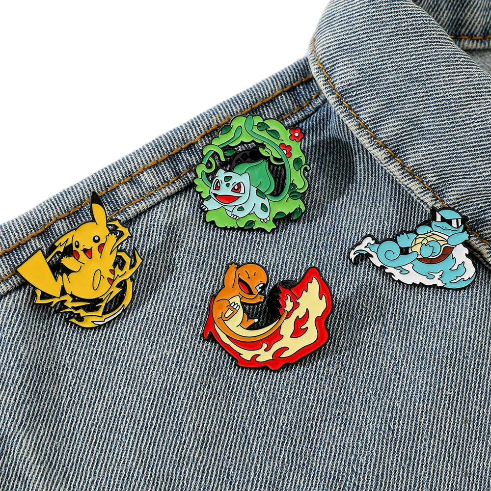 Cute Cartoon Pocket Monsters Enamel Brooch Set for Bags - 4 Pcs Creative Animated Character Accessories