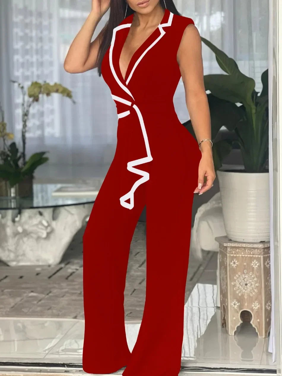 Women's Elegant Sleeveless V Neck Overalls Jumpsuit Full Length Wide Leg Pants Office Casual Summer Outfit