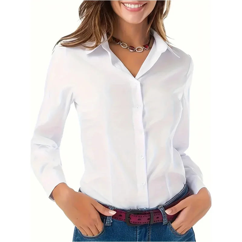 Solid Button Front Shirt Elegant Long Sleeve Lapel Blouse Lightweight Basic Top for Spring and Fall Women's Fashion Office Casual Wear