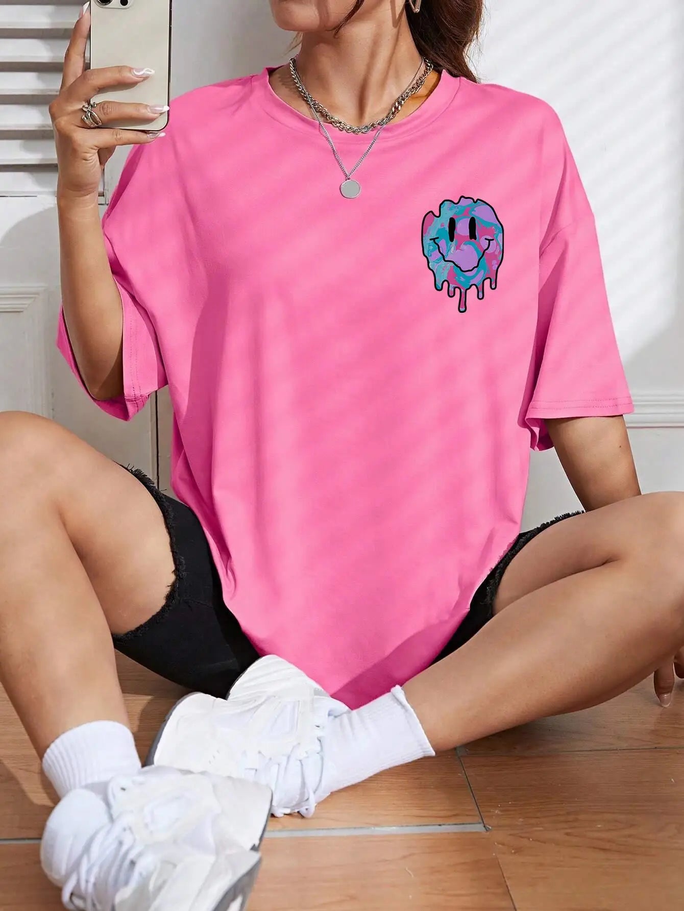 Funny Smile Face Print Cotton T-Shirt for Women Casual Streetwear Tee