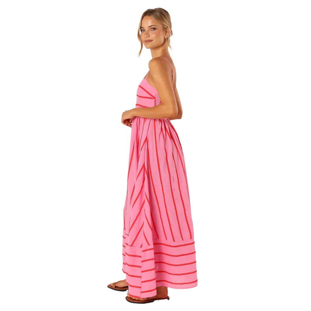 Bohemian Striped Maxi Dress With Hanging Straps For Women