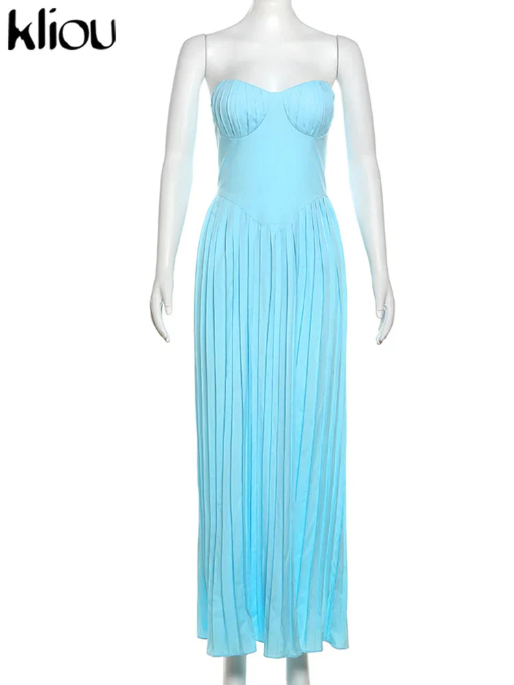 Pleated Maxi Dress Wrap Front Zip Up Bodice Shaping