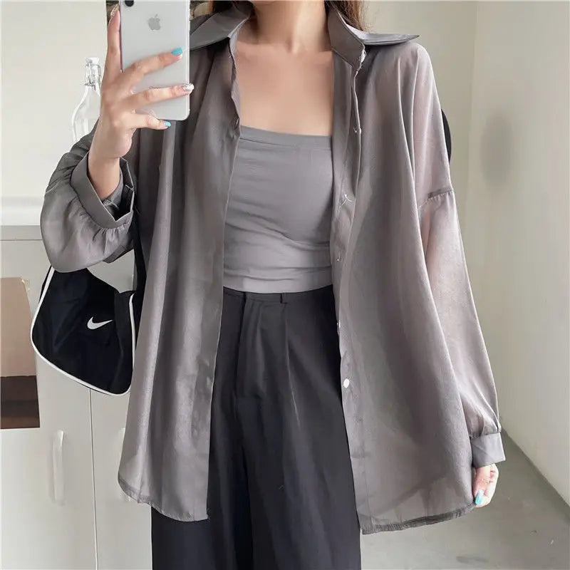 Women's Chiffon Long Sleeve Blouse Loose Fit Thin Cardigan Casual Solid Color Top