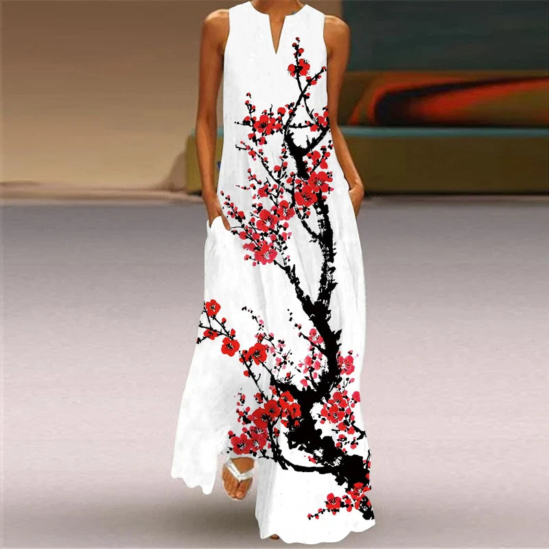 Printed Sleeveless V Neck Summer Dress For Women Chic