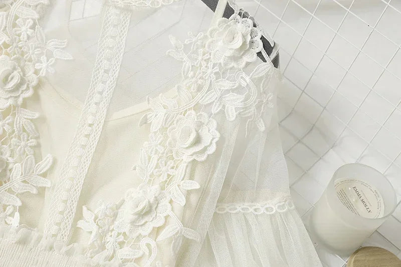 White Lace Mesh Dress With Lantern Sleeves For Women