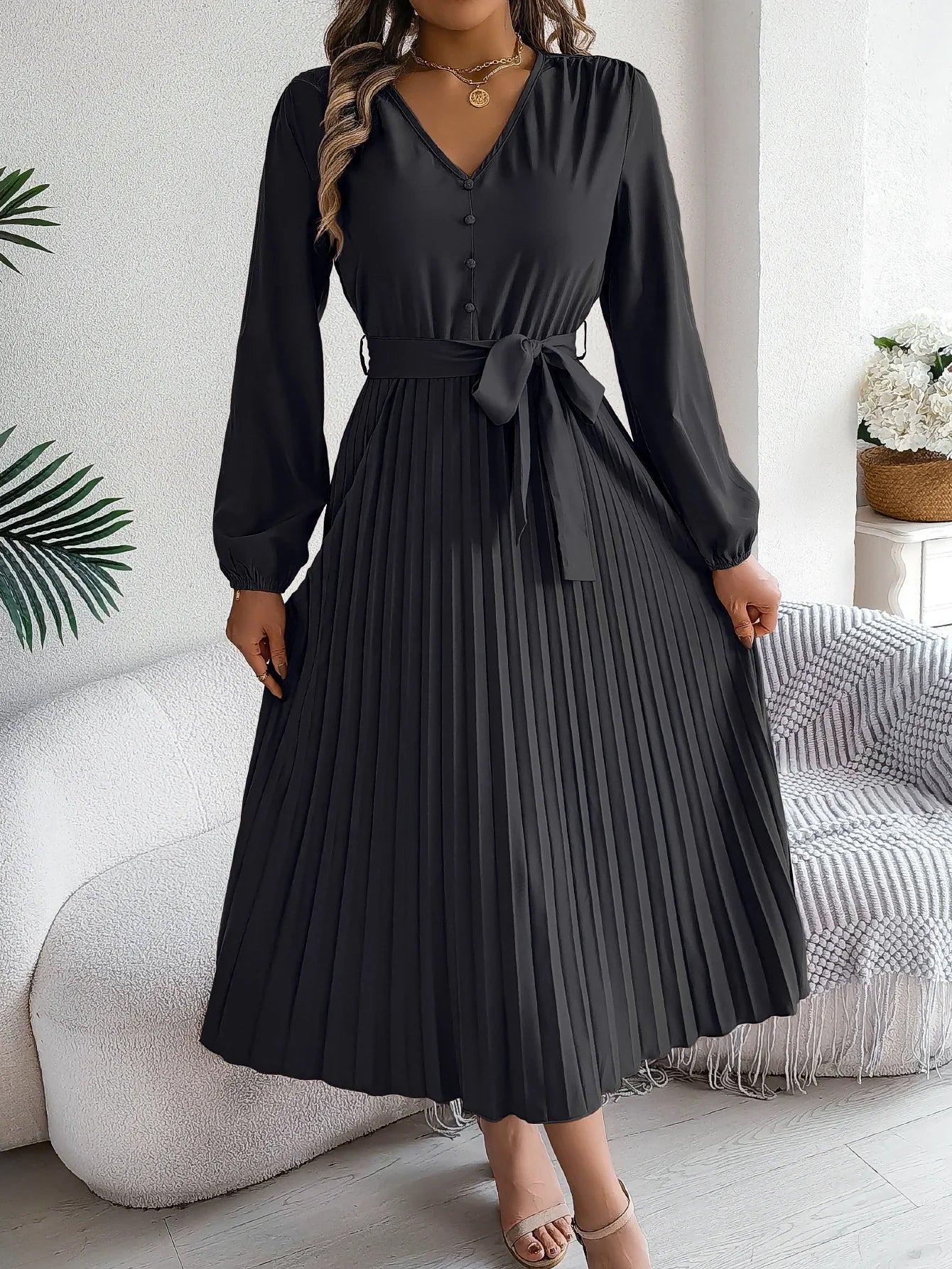 Elegant Autumn V Neck Belted Pleated Long Sleeve Dress