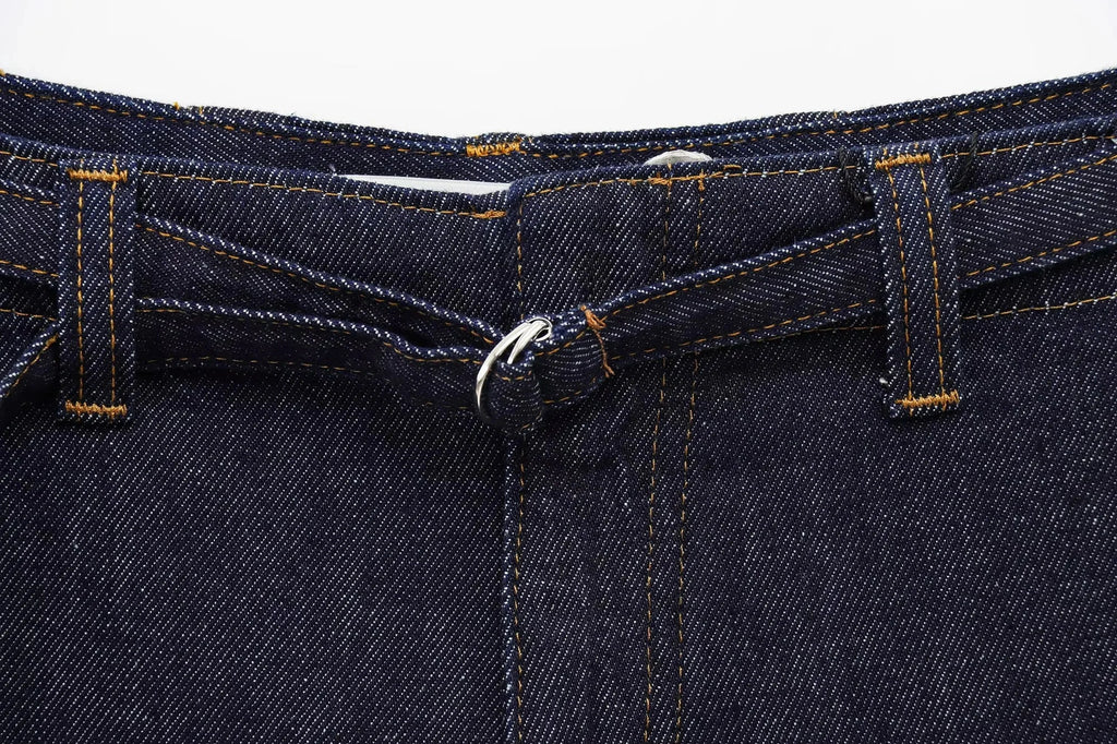 Chic Vintage Denim Women Suit Set Sleeveless Single Breasted Vest with Stylish Sash and Flare Pants Spring Summer Streetwear