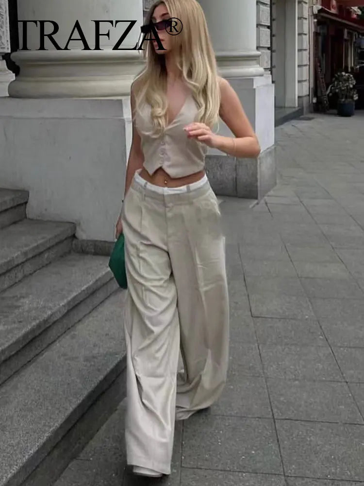 Women Fashion Solid Vest Pant Suit Set with Single Breasted Halter Cropped Top and High Waist Patchwork Trousers for Office Wear