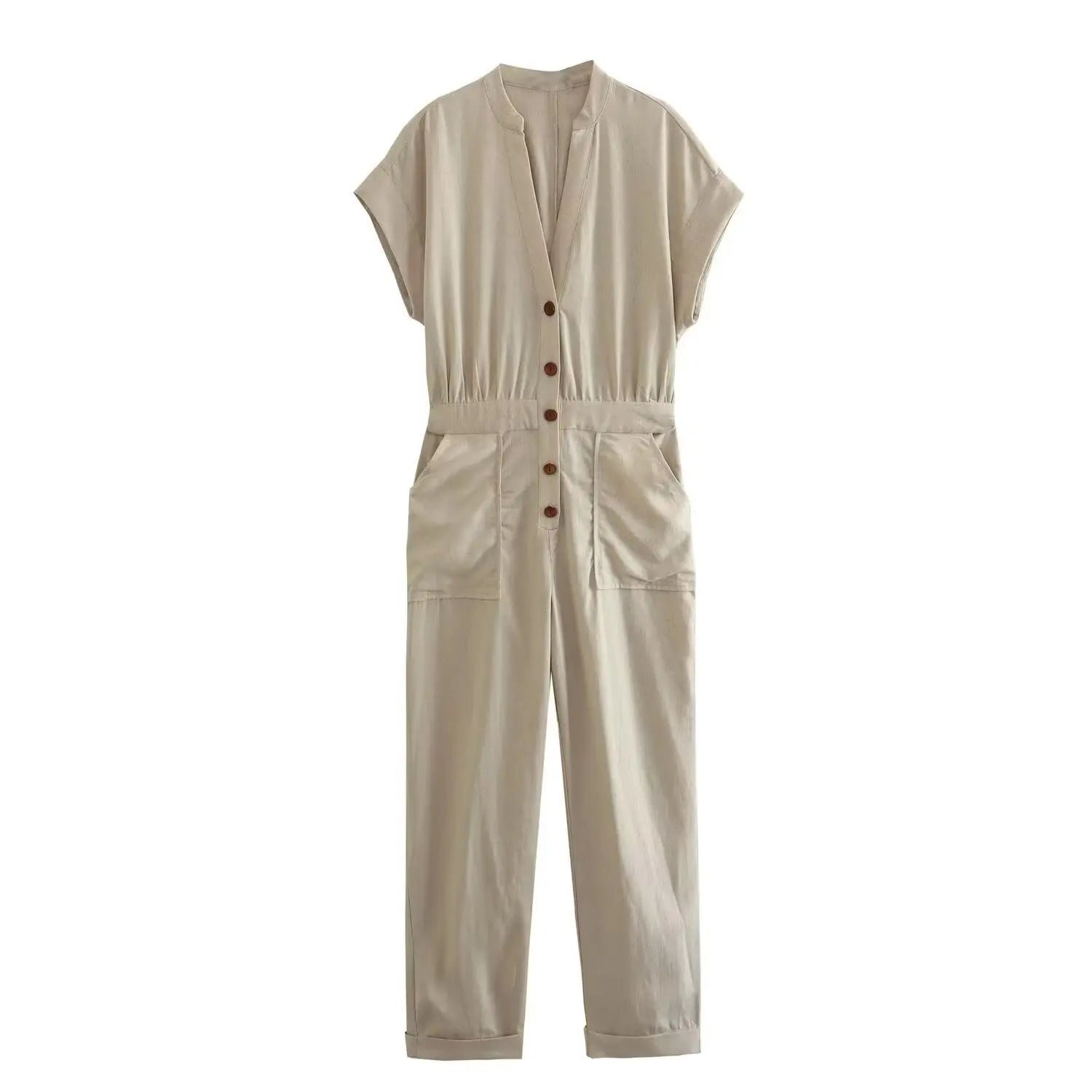 Summer Casual V Neck Sleeveless Linen Blend Jumpsuit Straight Long Holiday Style