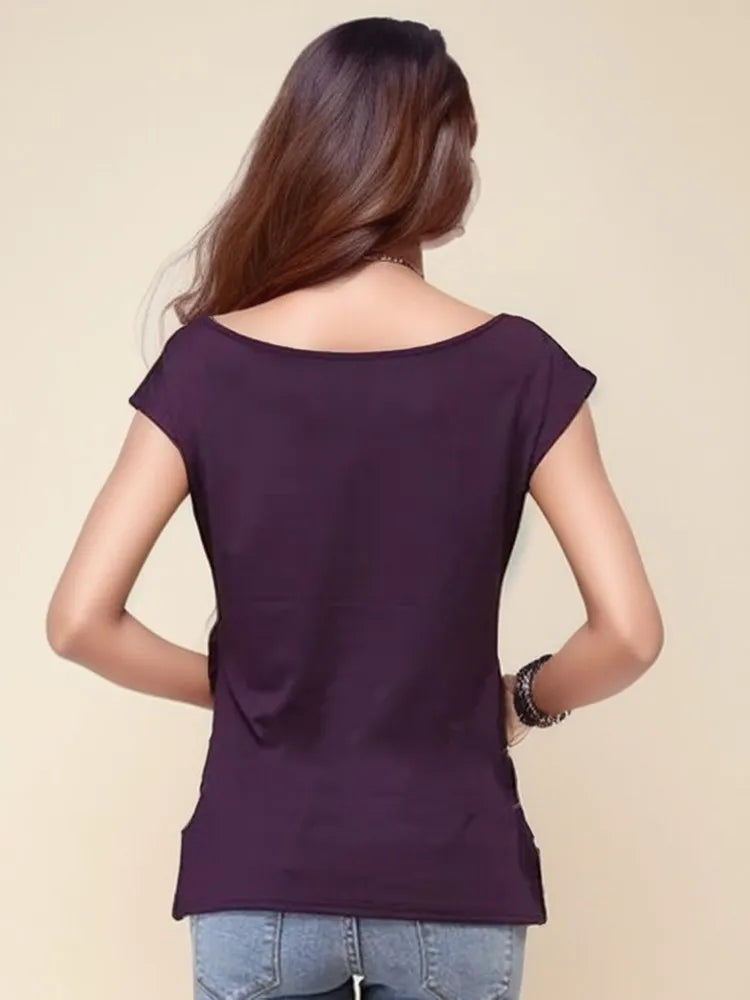 Round Neck Elastic Short Sleeve Pink Women's T-Shirt Loose Fit Retro Summer Top