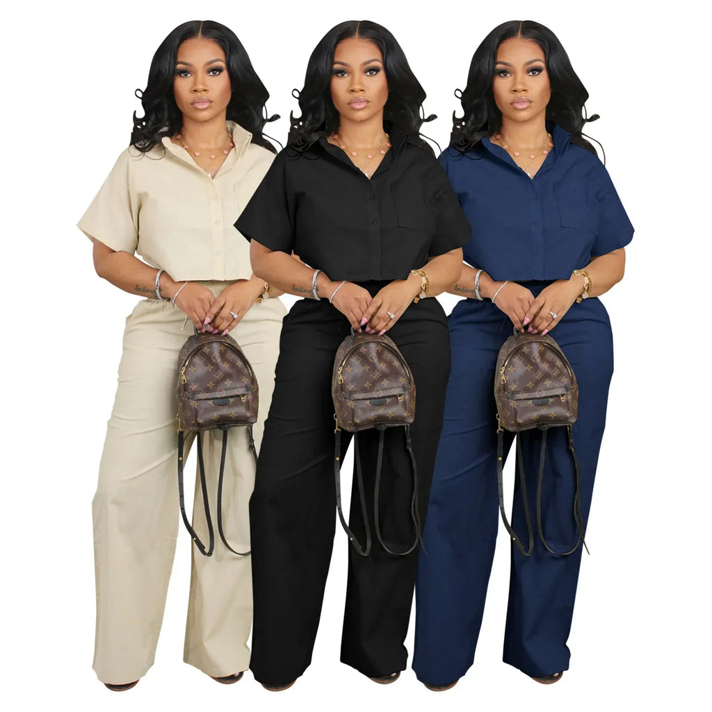 Linen Shirt and Wide Leg Pants Two Piece Set for Women, Casual Street Fashion Outfit