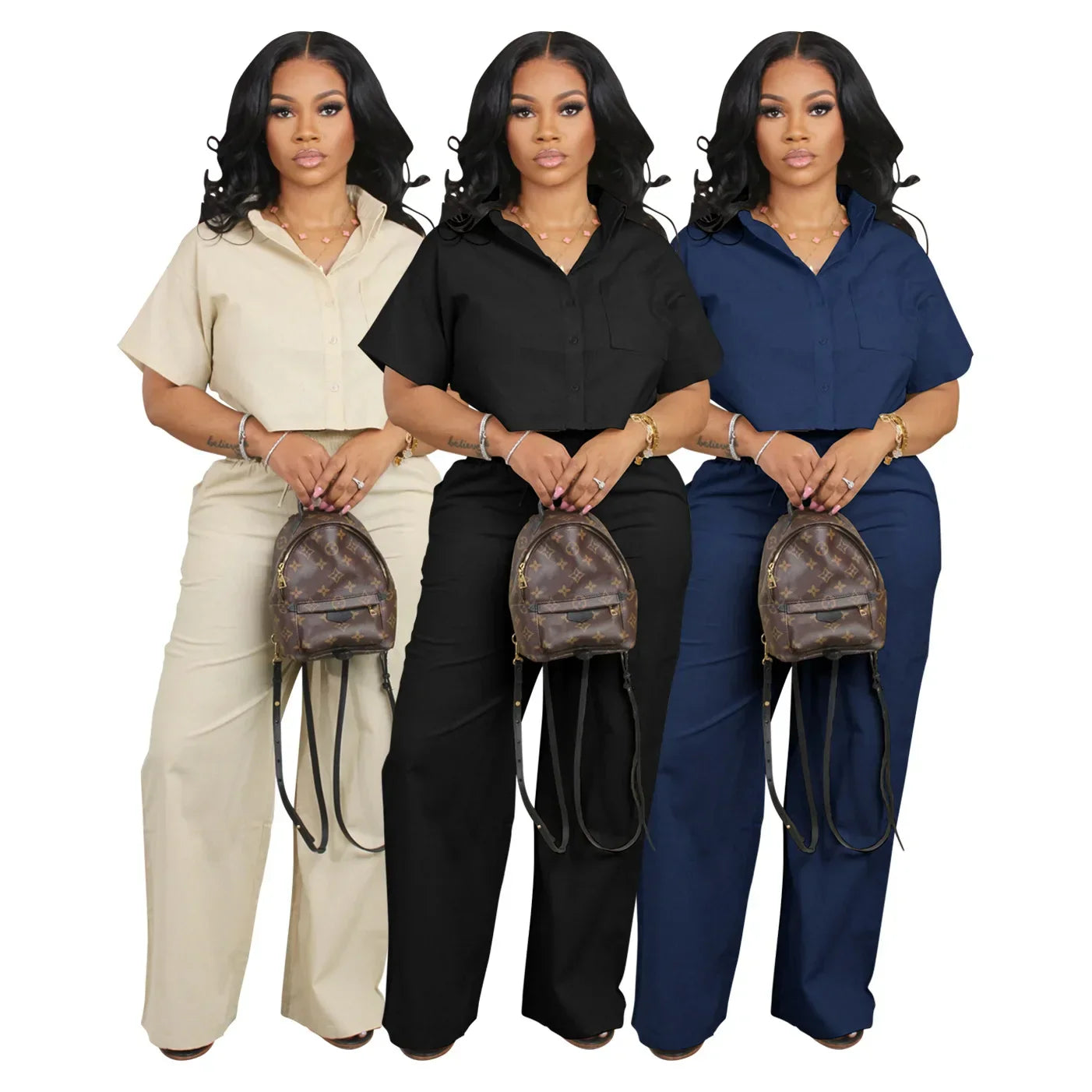 Linen Shirt and Wide Leg Pants Two Piece Set for Women, Casual Street Fashion Outfit