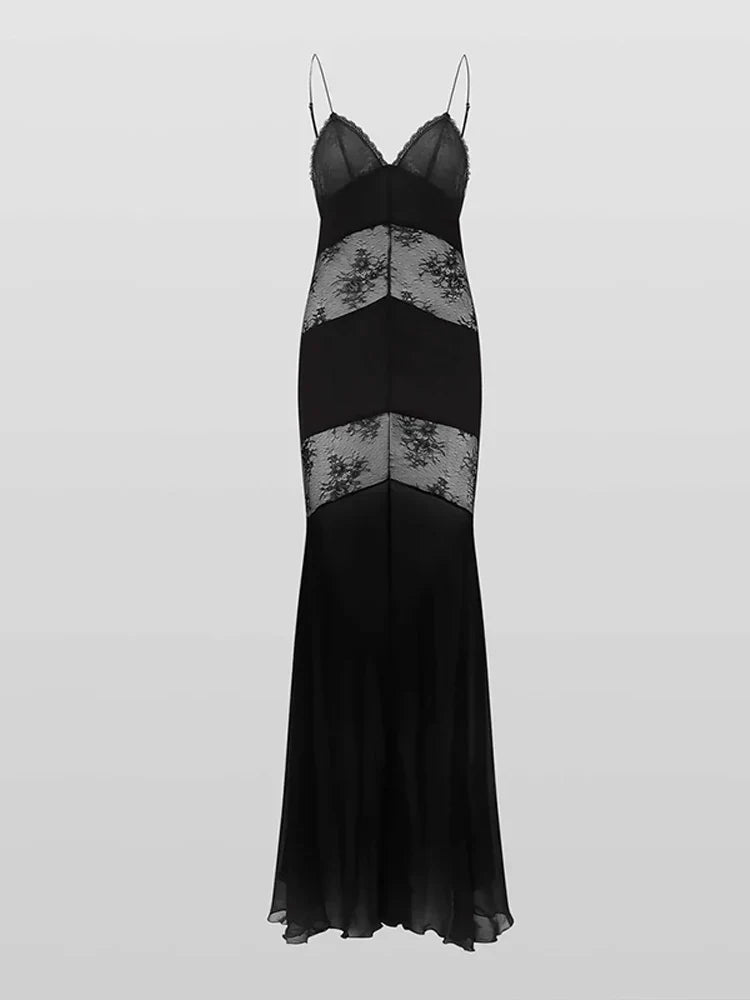 Black Backless Lace Maxi Dress For Women See Through
