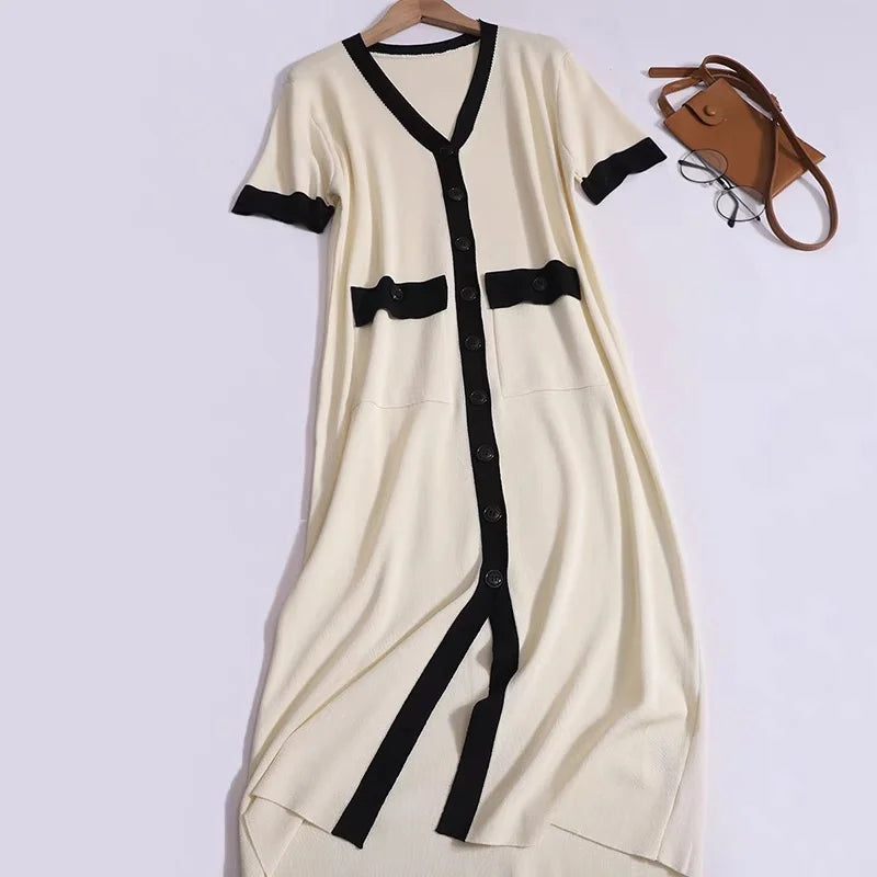 Women Knit V Neck Patchwork Pocket Dress Mid Length Summer