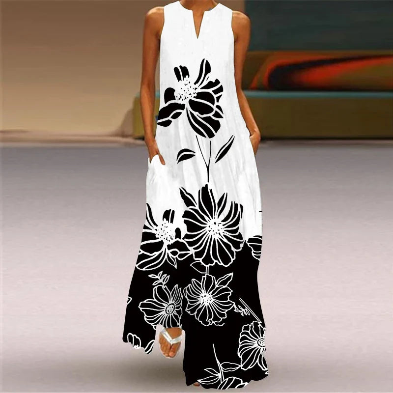 Printed Sleeveless V Neck Summer Dress For Women Chic