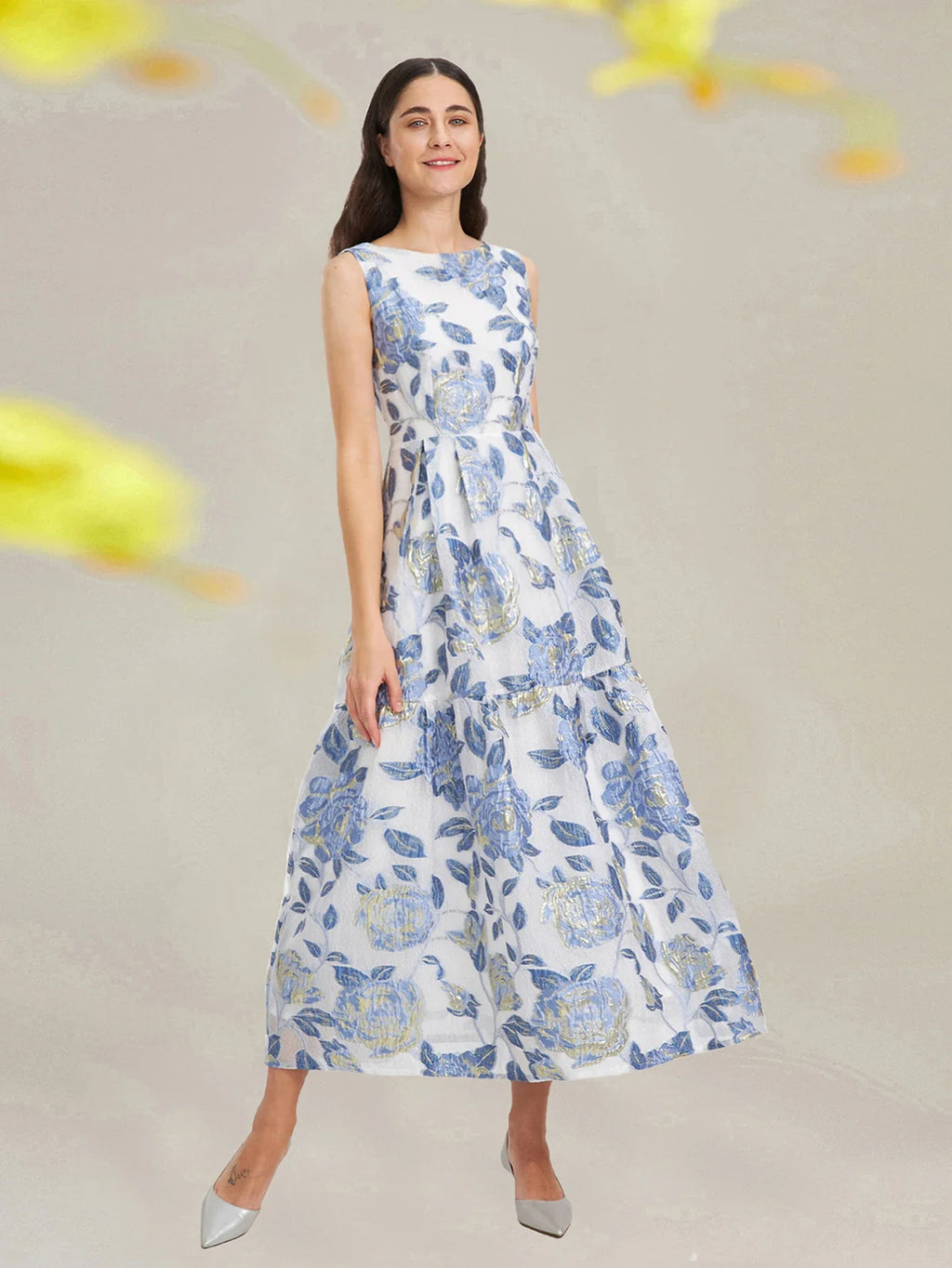 Elegant Organza Maxi Dress With Floral Embroidery