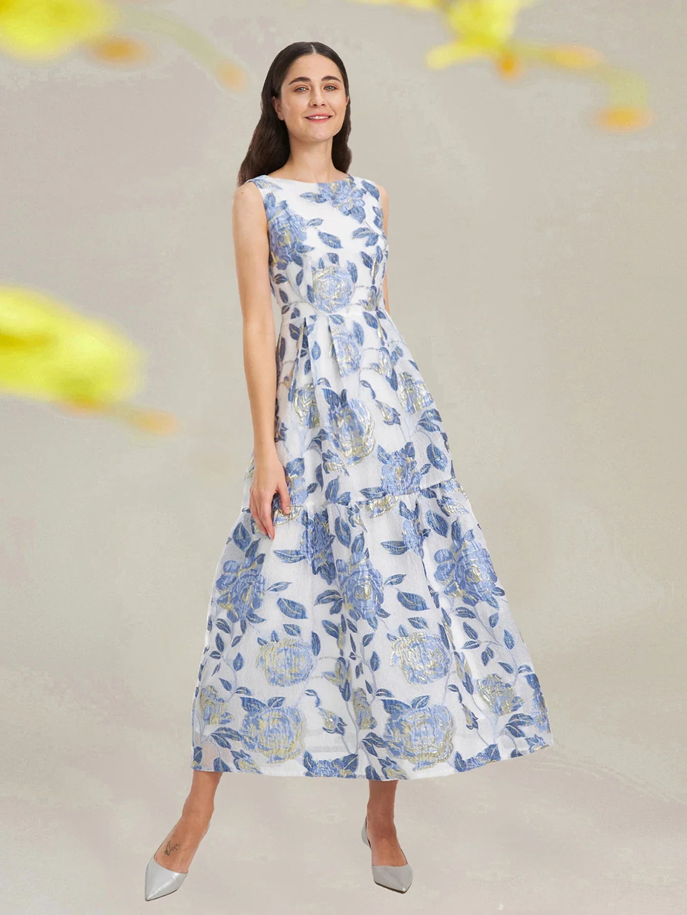 Elegant Organza Maxi Dress With Floral Embroidery