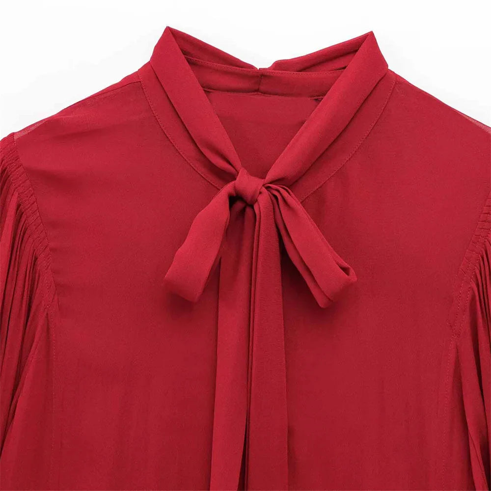 Women's Casual Long Sleeve Bow Tie Shirt Retro Loose Fit Solid Color Spring Top