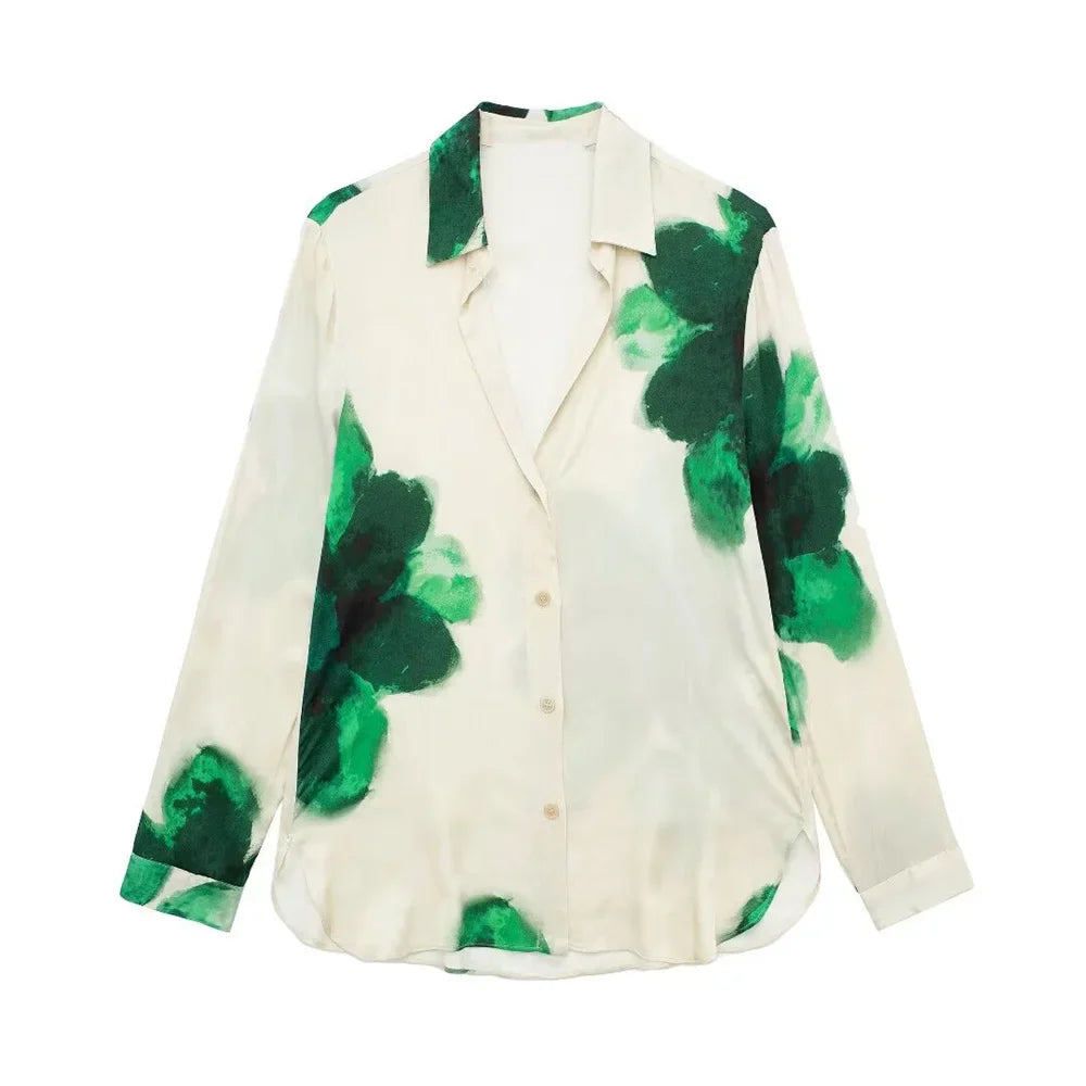 Autumn Women's Casual Loose Collar Long Sleeve Printed Shirt and High Waist Wide Leg Pants Set