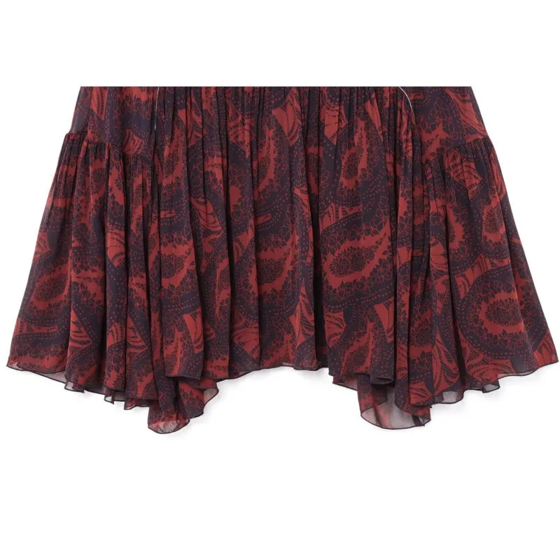 Women's Spring Printed Midi Skirt Two-Piece Set with Casual Folded Silk Texture Shirt and High Waist Skirt