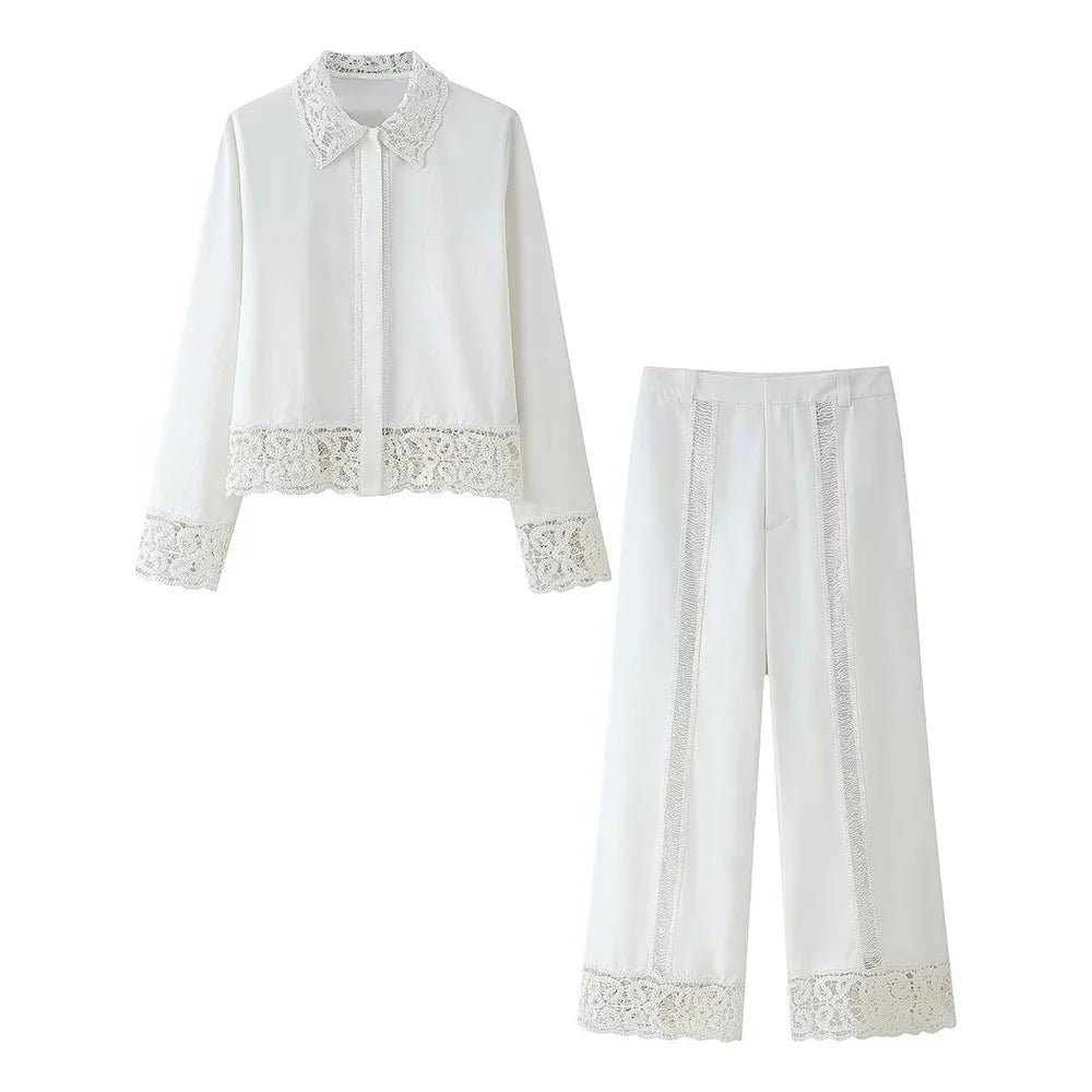 Women White Long Sleeve Blouse and Wide Leg Pants Set with Lace Trim Elegant Design