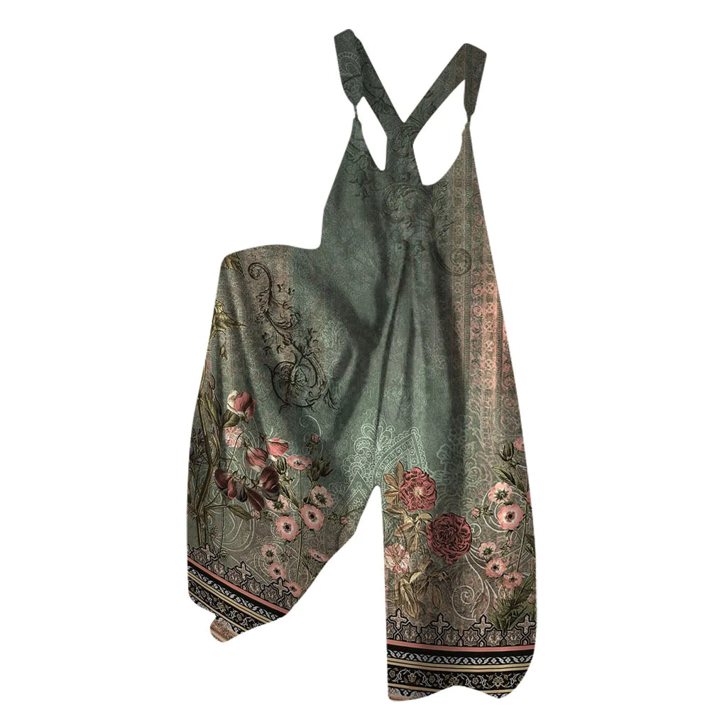 Wide Leg Sleeveless Overalls for Women Casual Loose Fit Jumpsuit with Retro Print Metal Buttons Long Pants Romper with Functional Pockets