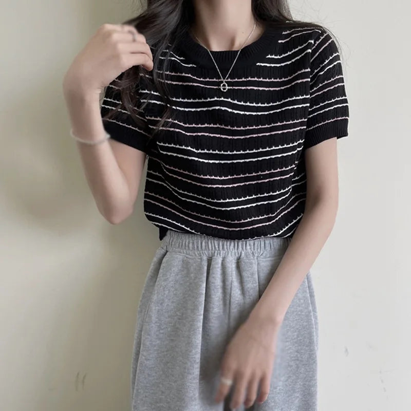 Summer Striped Women's Knitted Crop Top Casual O-Neck Short Sleeve T-Shirt Preppy Style Tees