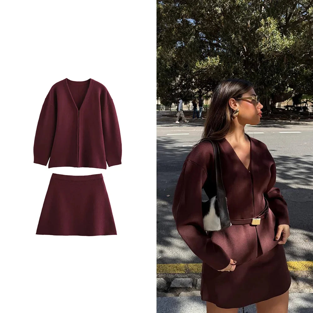 Women's Stylish Knit Mini Skirt Set with Slim Fit Jacket and High Waist Stretch Flat Knit Skirt Casual Chic Outfit