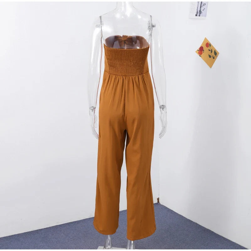 Solid Backless Off Shoulder Jumpsuit for Women Waist Cinching Wide Leg Pants with Pockets Elegant Summer Bodysuit Outwear
