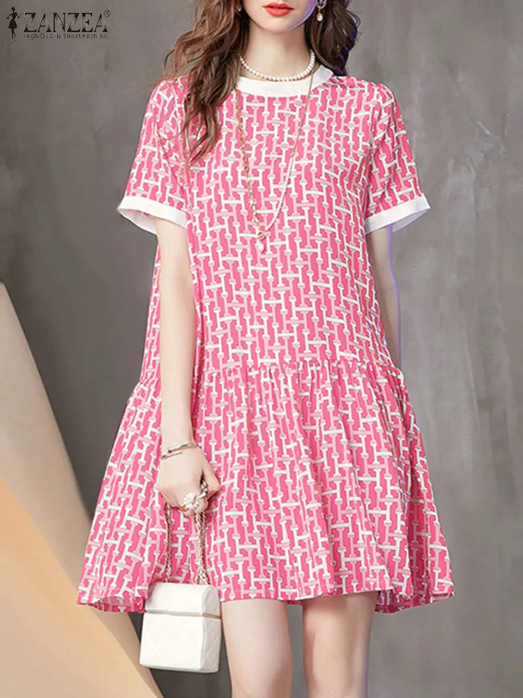 Boho Printed Sundress Knee Length Short Sleeve Dress