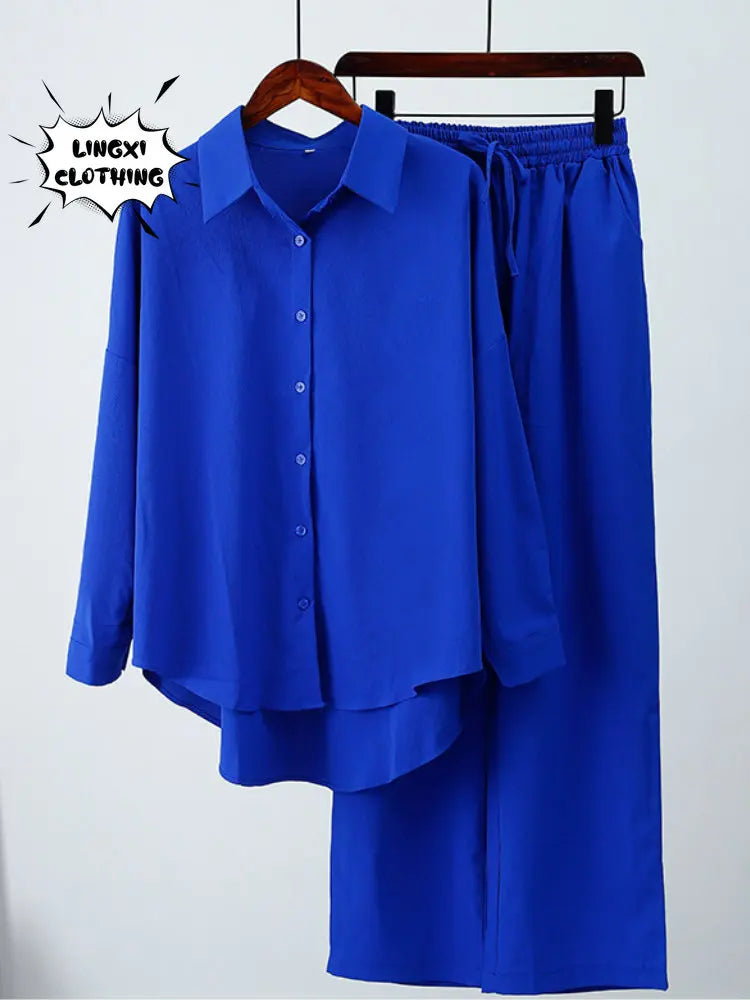 Summer Casual Outfits for Women Loose Long Sleeve Shirt and Wide Leg Pants Two Piece Set