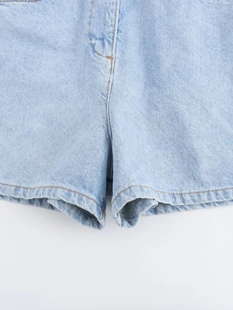 Women's Denim Short Jumpsuit Slim Fit with Lapel Collar Curled Short Sleeves and Patch Pockets Summer Casual Romper