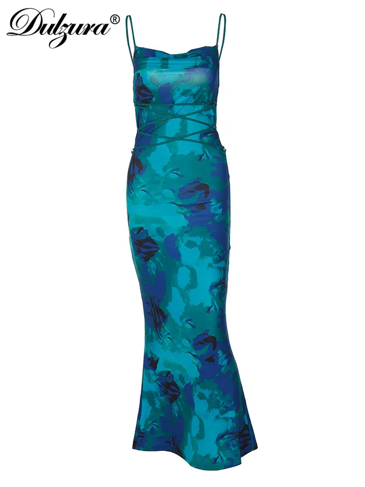 Floral Spaghetti Straps Maxi Dress Backless Evening Party