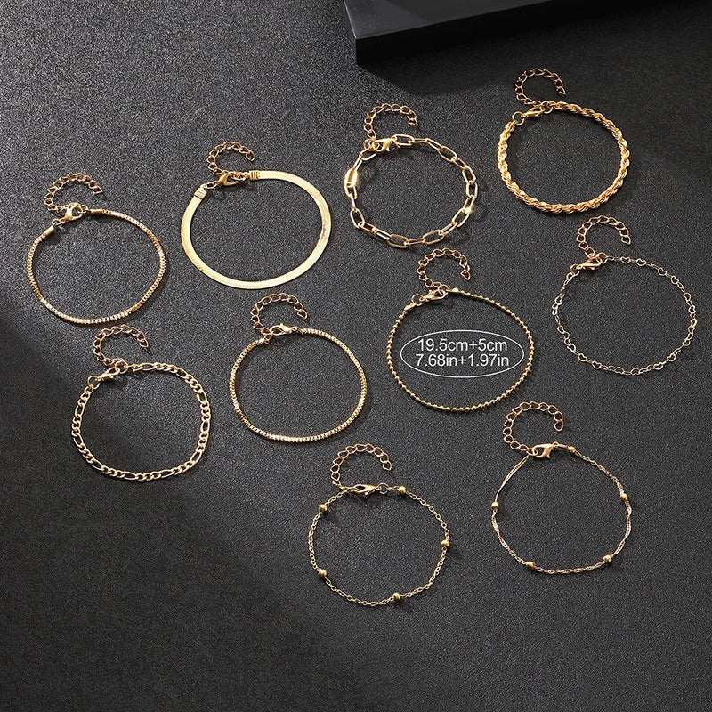 10 Pcs Vintage Gold Color Snake Chain Bracelet Set for Women Boho Multi-Layer Summer Jewelry