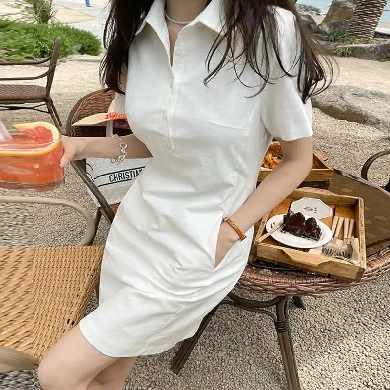 Summer Mini Dress Women Short Sleeve Solid Color Sundress