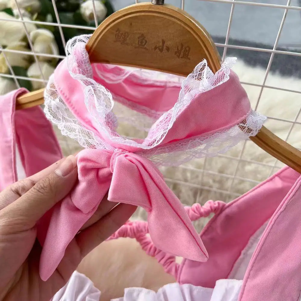 Pink Lolita Maid Dress Mini Short Patchwork Lace Details