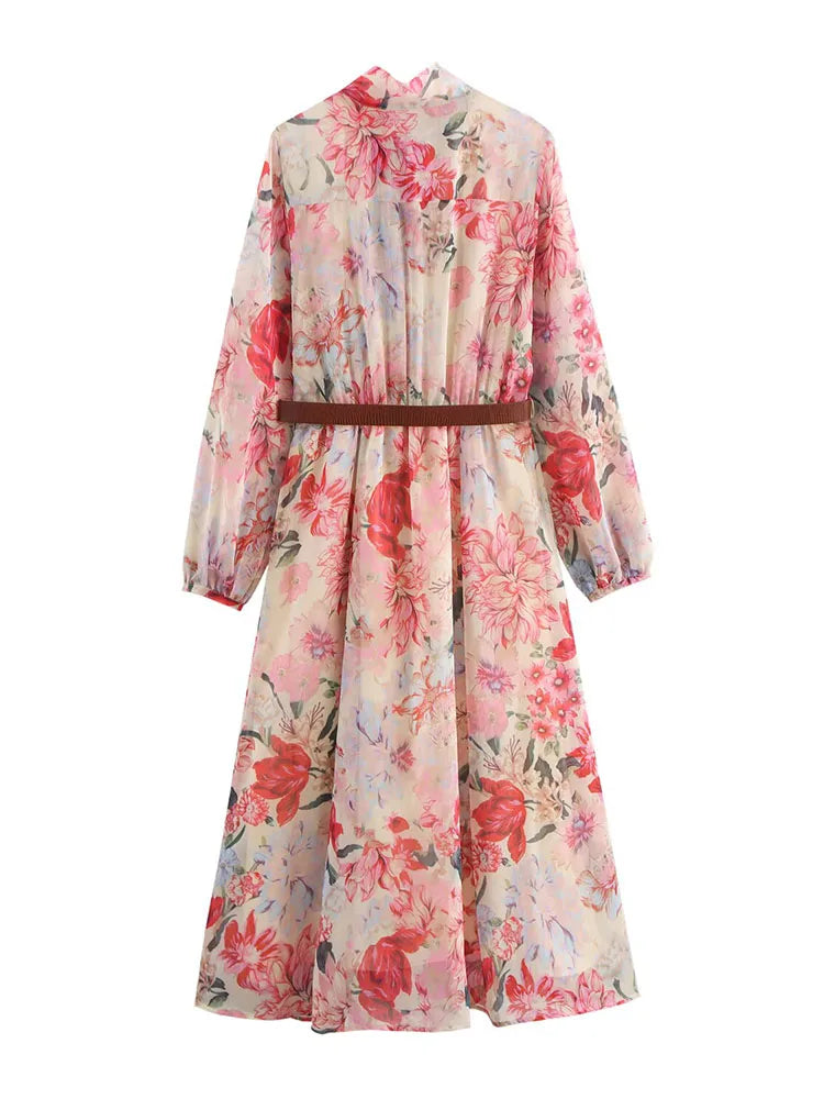 Floral Print Midi Dress With Belt Bow Collar Long Sleeve