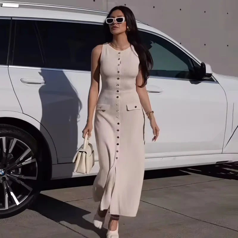 Elegant Sleeveless Ribbed Knit Bodycon Dress High Waist