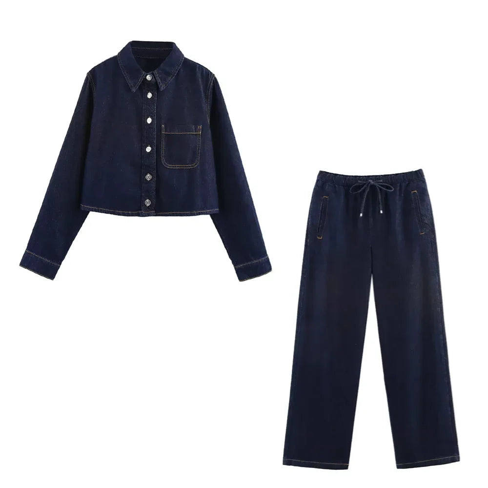 Women's Versatile Denim Long Sleeve Shirt and Pants Set for Casual Spring and Summer Wear