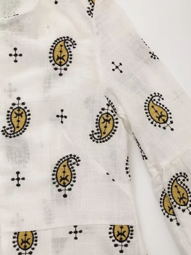 Vintage Women Embroidered Cardigan Coat and Wide Leg Trousers 2 Piece Outfit Set