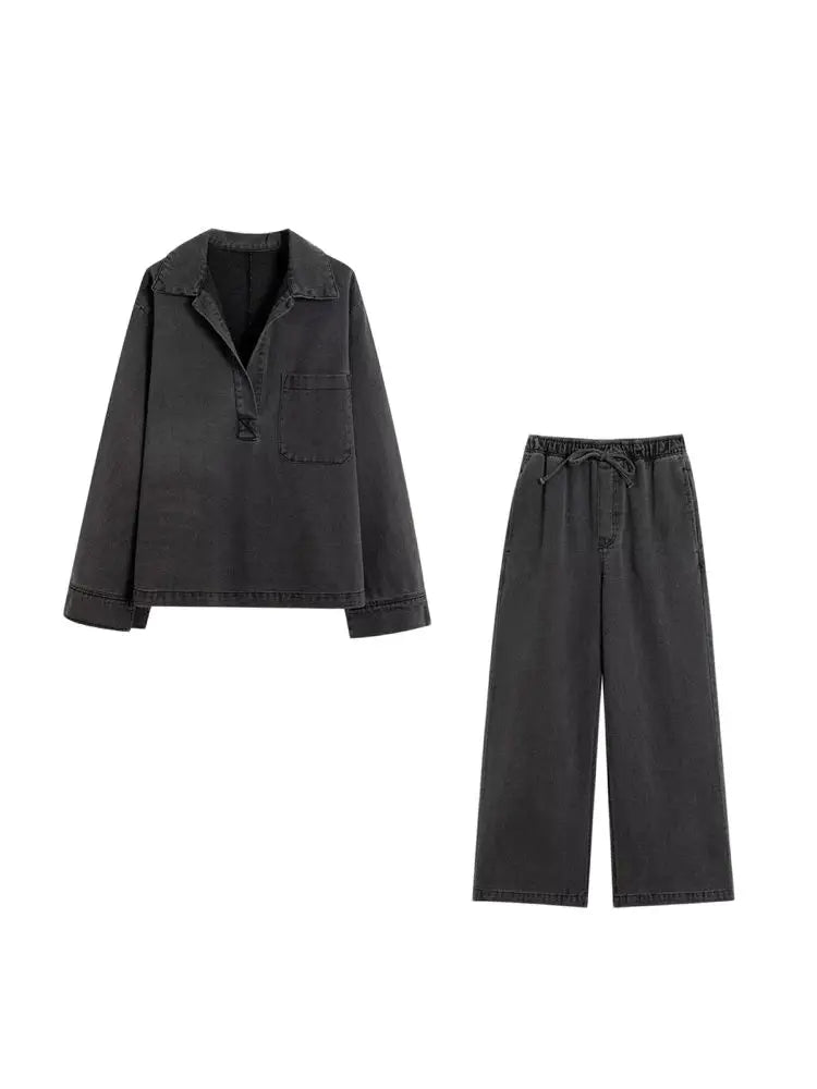 Women's Denim Loose Shirt with Pockets and High Elastic Waist Wide Leg Pants Two Piece Set