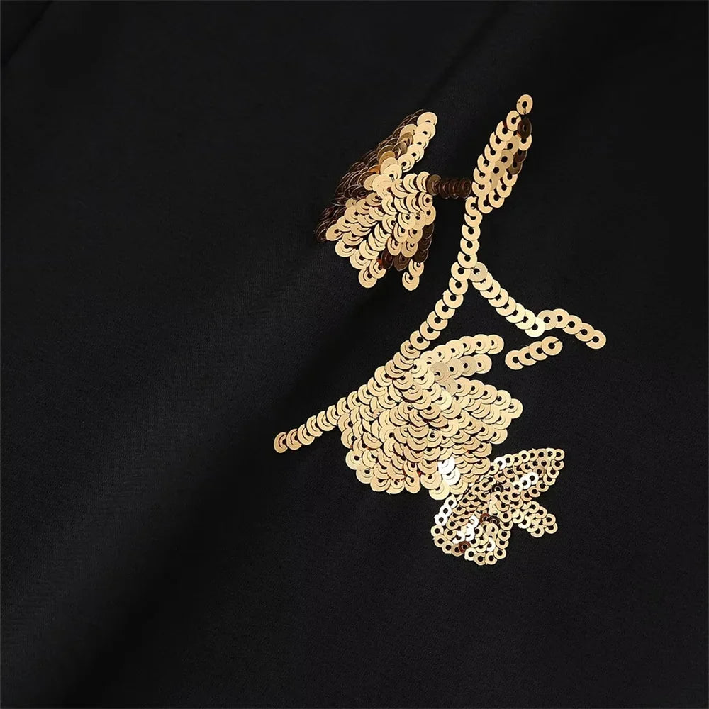 Women's Satin Texture Sequin Embroidered Shirt and High Waist Long Pants Set