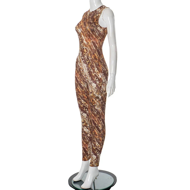 Brown Single Shoulder Long Sleeve Snake Print Jumpsuit for Women with Back Zipper Sexy One Piece Romper