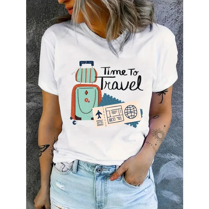 Travel Pattern Printed Women's T-Shirt Casual Round Neck Short Sleeve Top
