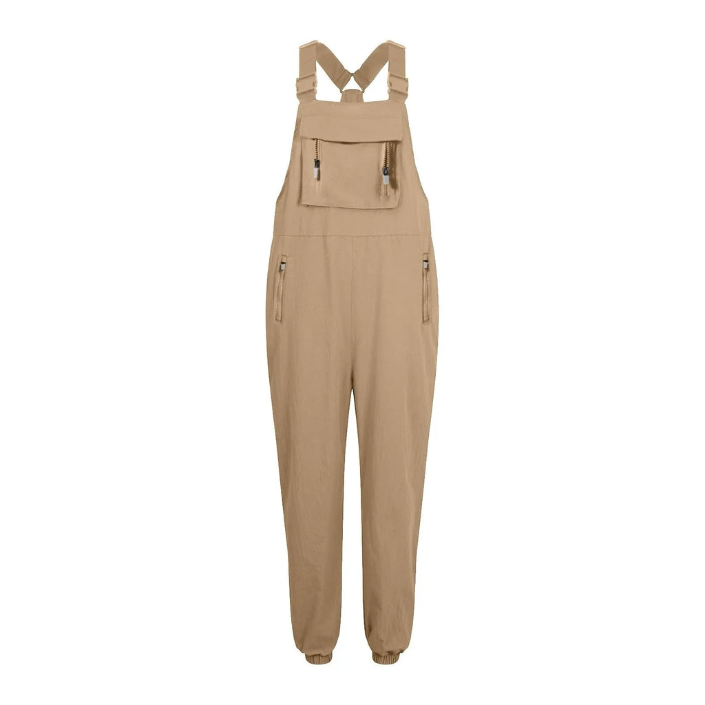 Women's Summer Casual Loose Wide Leg Jumpsuit with Adjustable Straps Pockets and Retro Button Detail Solid Color Sleeveless Overalls